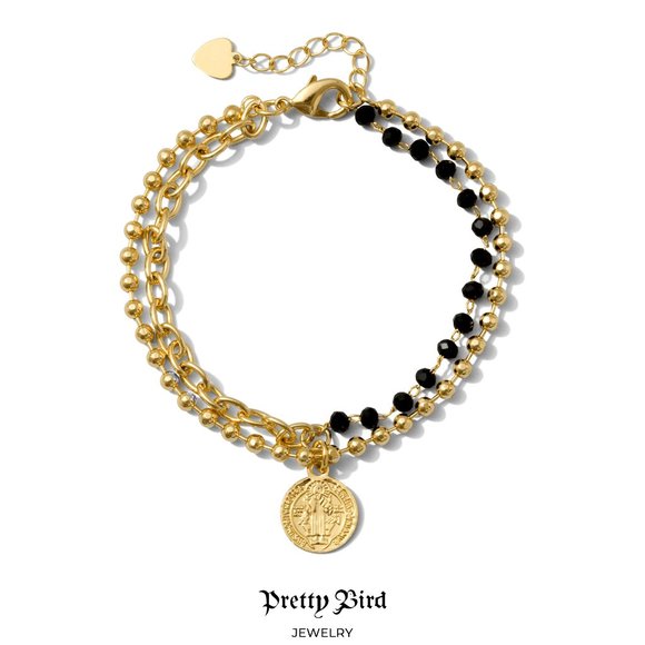 18K Yellow Gold Plated St. Benedict Medallion Dual Link Bracelet - Picture 1 of 1